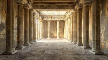 An empty room with columns and a light coming through photo