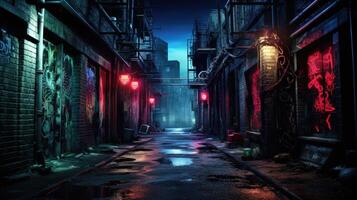 An alleyway with neon lights and graffiti photo