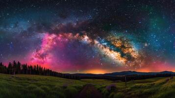 The milky way over a field with trees and grass photo