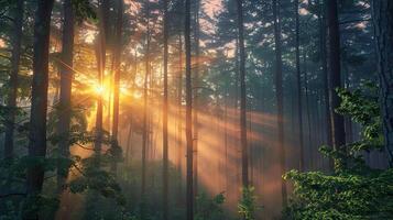Sunlight shining through the trees in a forest photo