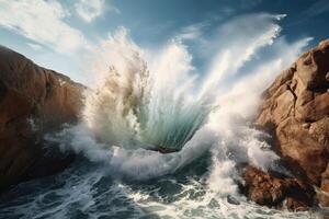 Powerful ocean wave crashing against rocky coastline photo