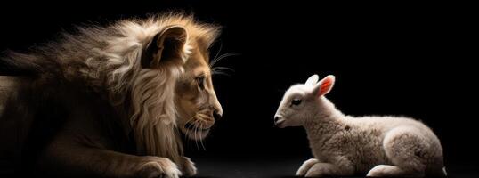 Unexpected encounter between a lion and a lamb photo