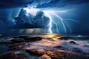 Dramatic lightning storm over crashing ocean waves photo