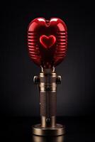 Glowing red heart shaped microphone on black background photo