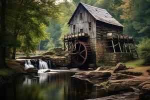 Rustic watermill in lush forest landscape photo