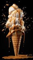 Dripping caramel ice cream cone on black background photo