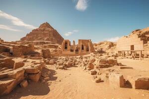 ancient desert ruins with pyramid shaped structure photo