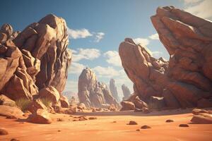 Dramatic desert landscape with towering rock formations photo