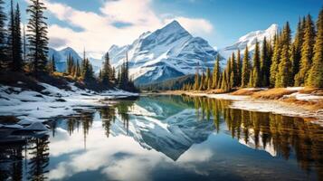 Serene mountain lake reflection in autumn photo