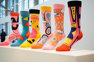 Colorful abstract patterned socks on display photo