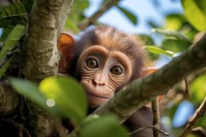 Curious baby monkey peeking out from behind tree branches photo