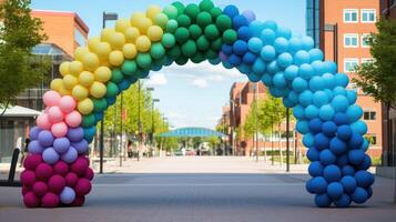 Colorful balloon arch in urban setting photo