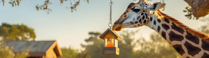 giraffe reaching for birdhouse in nature photo