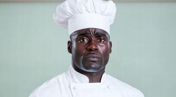 serious chef in white uniform looking at camera photo