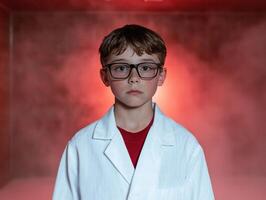 young boy in white coat and glasses standing in front of red background photo