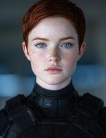 Intense gaze of a young woman with striking features photo