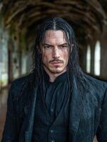 Mysterious man with long dark hair in a dark tunnel photo