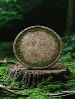 Tranquil forest scene with moss covered stump and wooden frame photo