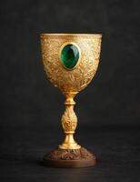 Ornate golden chalice with emerald gemstone photo
