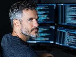 Focused programmer working on computer code photo