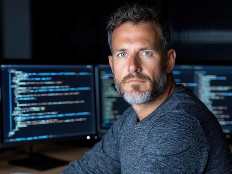 grave programador trabajando en código a noche foto