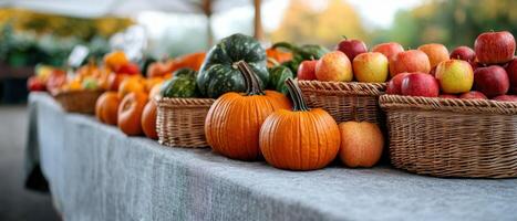Autumn harvest display of pumpkins, gourds, and apples photo