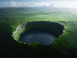 Aerial view of a lush green crater lake photo