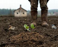 Seedling growth in fertile soil with birds photo