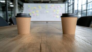 coffee cups on wooden desk in office with whiteboard photo