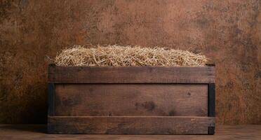 Rustic wooden crate filled with straw photo