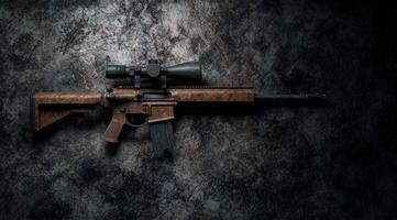 Tactical sniper rifle with scope on dark background photo