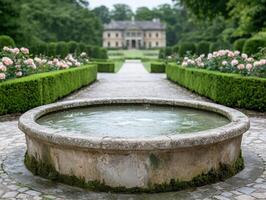 Elegant garden fountain with historic mansion in background photo
