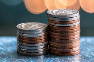 Stacks of silver and copper coins on a glittering blue background photo