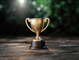 golden trophy on wooden surface with blurred nature background photo