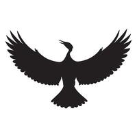A silhouette of a flying bird with its wings spread wide open against a white background. vector
