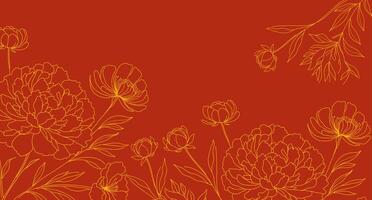 Floral background. Yellow line art flowers on a red background. Minimalist and modern botanical design. For wallpapers, invitations, or fabric prints, greeting cards. vector