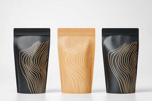 Elegant black and caramel packaging designed for premium coffee products showcasing unique label designs from multiple angles photo