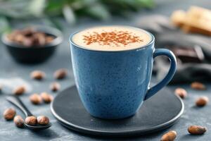 Steaming mug of hot chocolate topped with caramel foam and sprinkled cocoa, surrounded by dark cocoa beans and black spoons photo