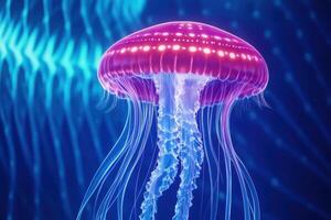 Glowing red jellyfish drift gracefully through deep blue ocean waters, creating captivating ethereal patterns with translucent tentacles photo