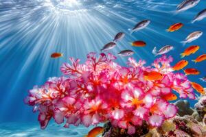 Vibrant red coral reefs attract schools of shimmering silver fish in a sunlit blue ocean photo