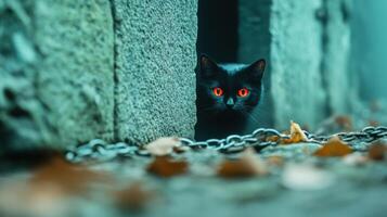Shadowy specter with glowing red eyes emerges from ancient stone doorway amidst broken chains and scattered leaves photo
