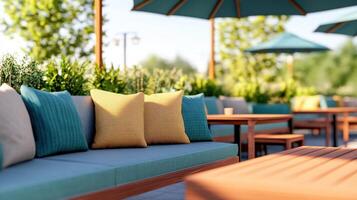 Relax in a luxury outdoor lounge area with comfortable seating and colorful umbrellas in a tranquil garden setting photo