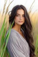 Elegant vintage photoshoot featuring models in muted lavender dresses with olive-green accessories against soft gray backdrops photo