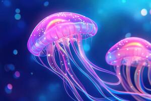 Glowing red jellyfish drift gracefully through deep blue ocean waters, their translucent tentacles creating ethereal patterns in the underwater realm photo