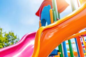 Colorful playground with orange slides, green climbing frames, and pink swings set in a sunny park photo