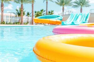 Experience summer fun at a lively water park with vibrant slides and playful inflatables by a refreshing pool photo