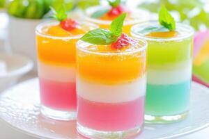 Bright and colorful layered jelly dessert served on a summer table with festive decorations and garnished with fresh basil photo
