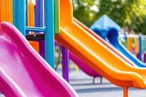 Colorful playground featuring orange slides, pink swings, and green climbing frames in a sunny park setting designed for childrens play and enjoyment photo