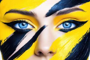 Bright face painted in neon colors with tears of neon paint against a chaotic backdrop of bold text and splashes of black and yellow in a surreal artistic expression photo