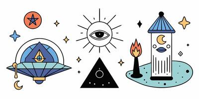 Illustration of a castle, an eye, a pyramid and a pyramid vector